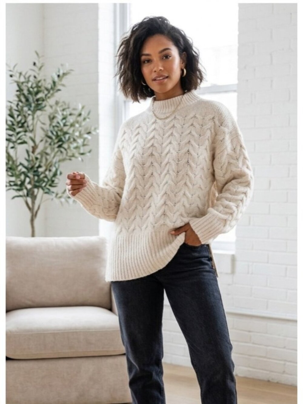 CLOSED Women's Small Alpaca Wool Airy Knit Mock Neck Sweater Neutral Capsule